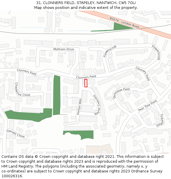 31, CLONNERS FIELD, STAPELEY, NANTWICH, CW5 7GU: Location map and indicative extent of plot