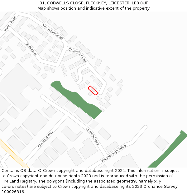 31, COBWELLS CLOSE, FLECKNEY, LEICESTER, LE8 8UF: Location map and indicative extent of plot