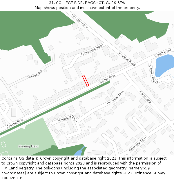 31, COLLEGE RIDE, BAGSHOT, GU19 5EW: Location map and indicative extent of plot