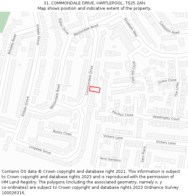 31, COMMONDALE DRIVE, HARTLEPOOL, TS25 2AN: Location map and indicative extent of plot