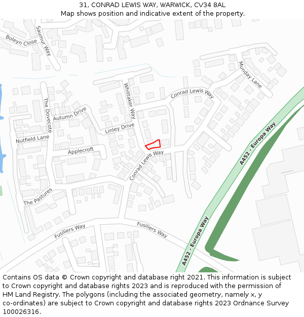 31, CONRAD LEWIS WAY, WARWICK, CV34 8AL: Location map and indicative extent of plot