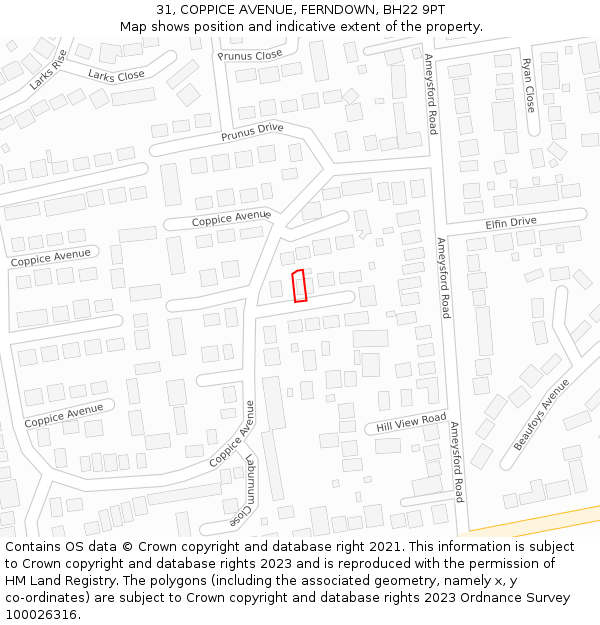 31, COPPICE AVENUE, FERNDOWN, BH22 9PT: Location map and indicative extent of plot