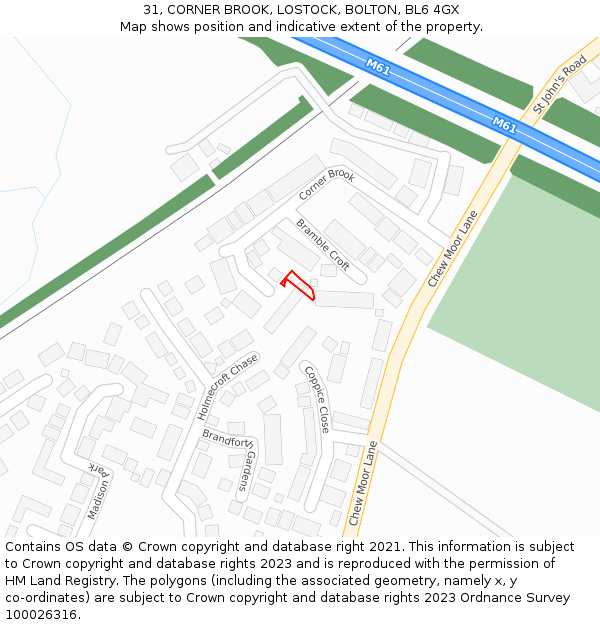 31, CORNER BROOK, LOSTOCK, BOLTON, BL6 4GX: Location map and indicative extent of plot