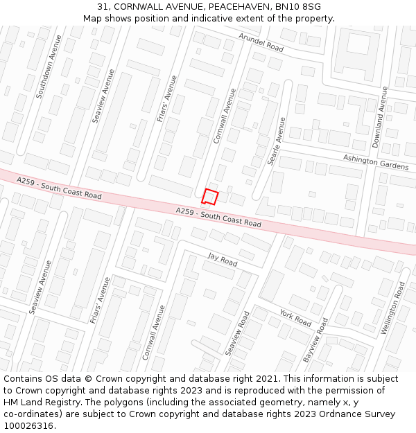 31, CORNWALL AVENUE, PEACEHAVEN, BN10 8SG: Location map and indicative extent of plot