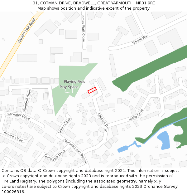 31, COTMAN DRIVE, BRADWELL, GREAT YARMOUTH, NR31 9RE: Location map and indicative extent of plot