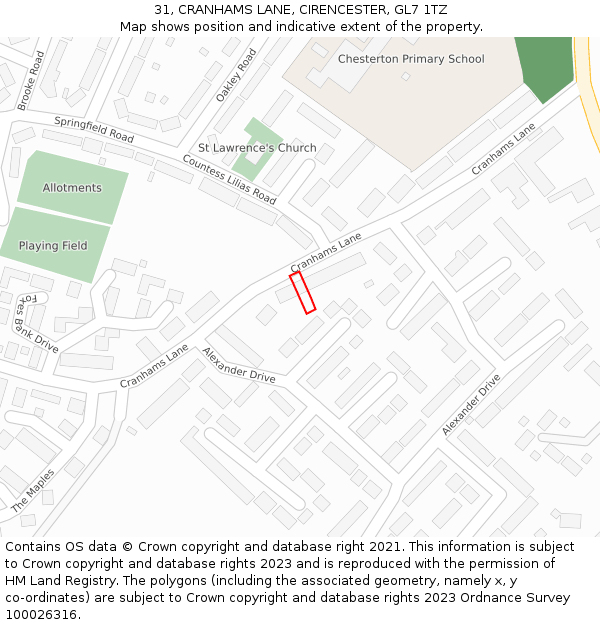 31, CRANHAMS LANE, CIRENCESTER, GL7 1TZ: Location map and indicative extent of plot