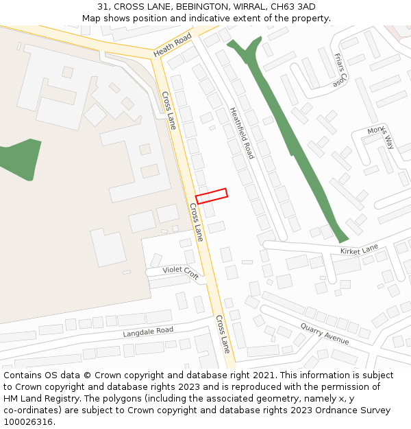 31, CROSS LANE, BEBINGTON, WIRRAL, CH63 3AD: Location map and indicative extent of plot