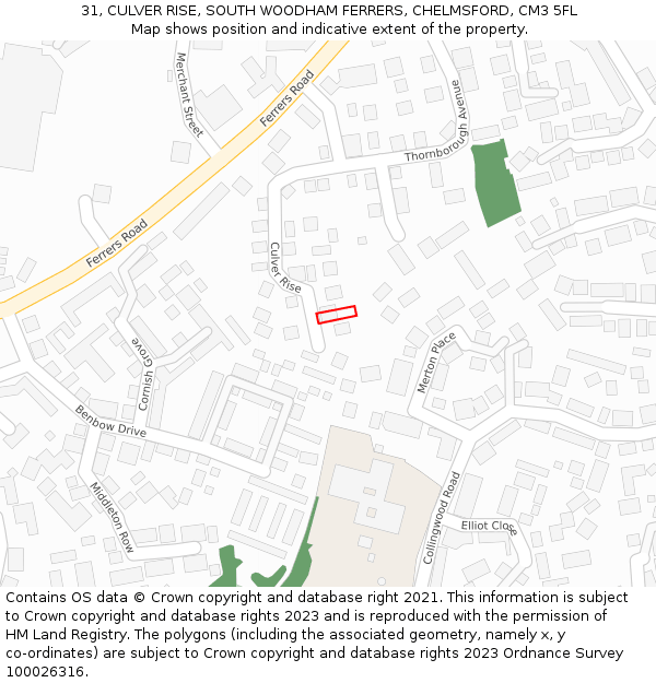 31, CULVER RISE, SOUTH WOODHAM FERRERS, CHELMSFORD, CM3 5FL: Location map and indicative extent of plot