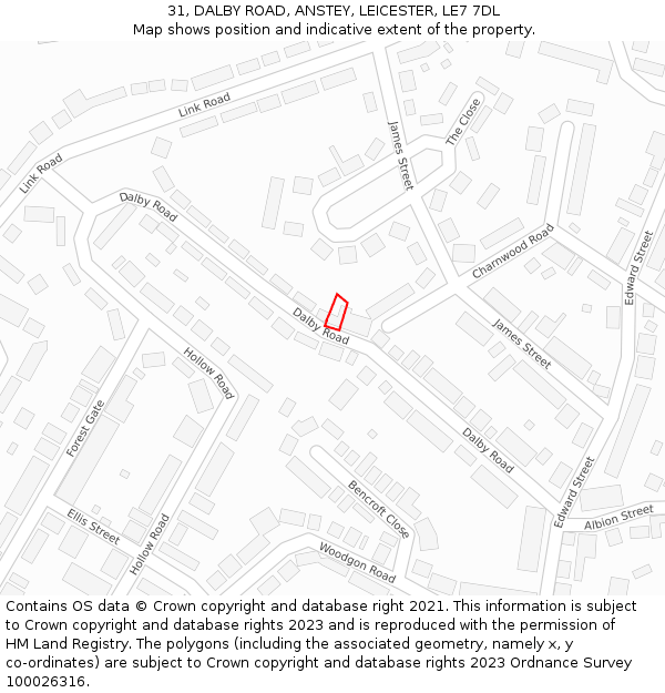 31, DALBY ROAD, ANSTEY, LEICESTER, LE7 7DL: Location map and indicative extent of plot
