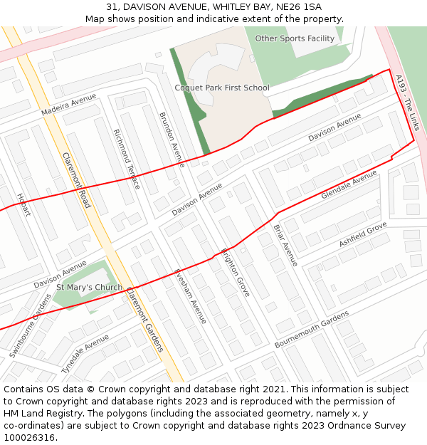 31, DAVISON AVENUE, WHITLEY BAY, NE26 1SA: Location map and indicative extent of plot