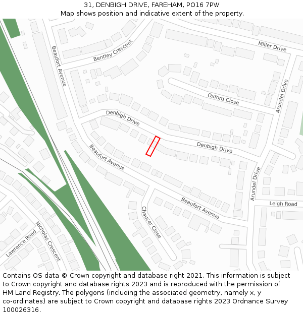 31, DENBIGH DRIVE, FAREHAM, PO16 7PW: Location map and indicative extent of plot