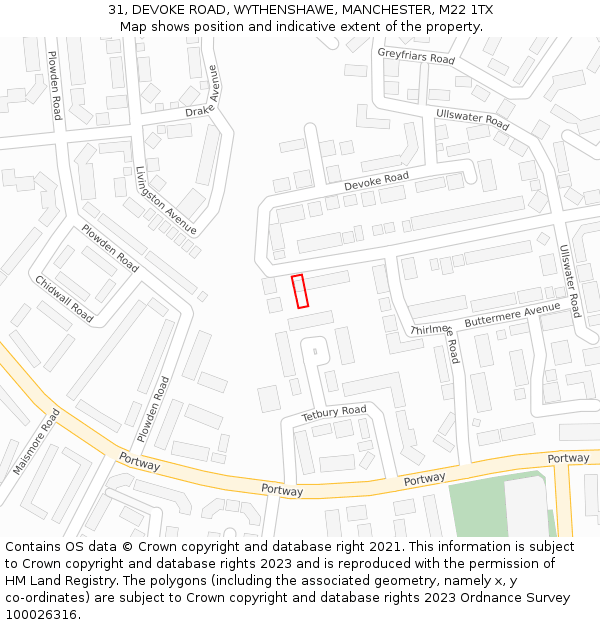 31, DEVOKE ROAD, WYTHENSHAWE, MANCHESTER, M22 1TX: Location map and indicative extent of plot