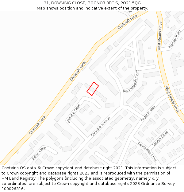 31, DOWNING CLOSE, BOGNOR REGIS, PO21 5QG: Location map and indicative extent of plot