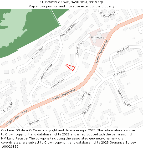 31, DOWNS GROVE, BASILDON, SS16 4QL: Location map and indicative extent of plot