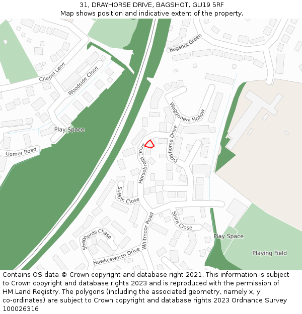 31, DRAYHORSE DRIVE, BAGSHOT, GU19 5RF: Location map and indicative extent of plot