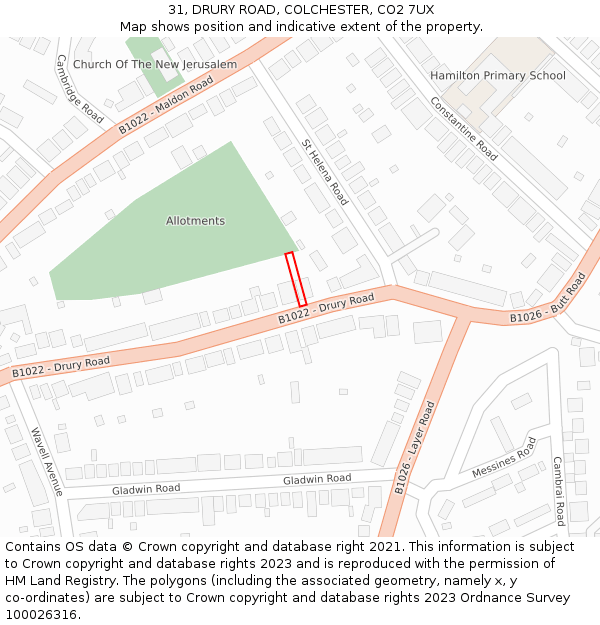 31, DRURY ROAD, COLCHESTER, CO2 7UX: Location map and indicative extent of plot