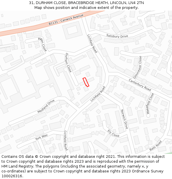 31, DURHAM CLOSE, BRACEBRIDGE HEATH, LINCOLN, LN4 2TN: Location map and indicative extent of plot
