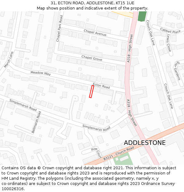 31, ECTON ROAD, ADDLESTONE, KT15 1UE: Location map and indicative extent of plot