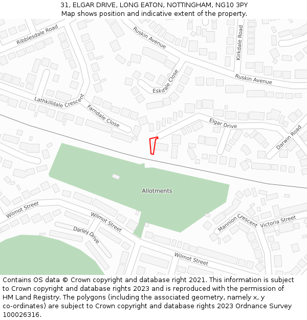 31, ELGAR DRIVE, LONG EATON, NOTTINGHAM, NG10 3PY: Location map and indicative extent of plot