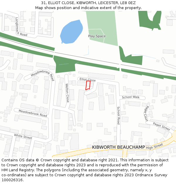 31, ELLIOT CLOSE, KIBWORTH, LEICESTER, LE8 0EZ: Location map and indicative extent of plot