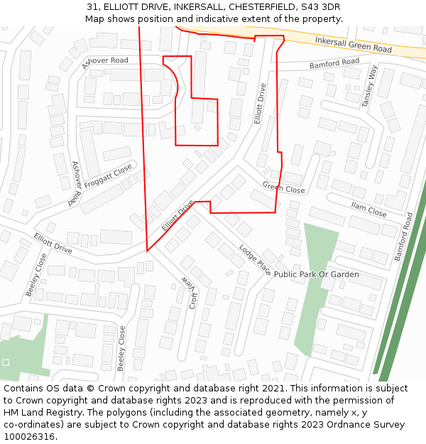 31, ELLIOTT DRIVE, INKERSALL, CHESTERFIELD, S43 3DR: Location map and indicative extent of plot