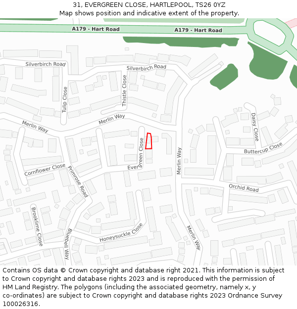 31, EVERGREEN CLOSE, HARTLEPOOL, TS26 0YZ: Location map and indicative extent of plot