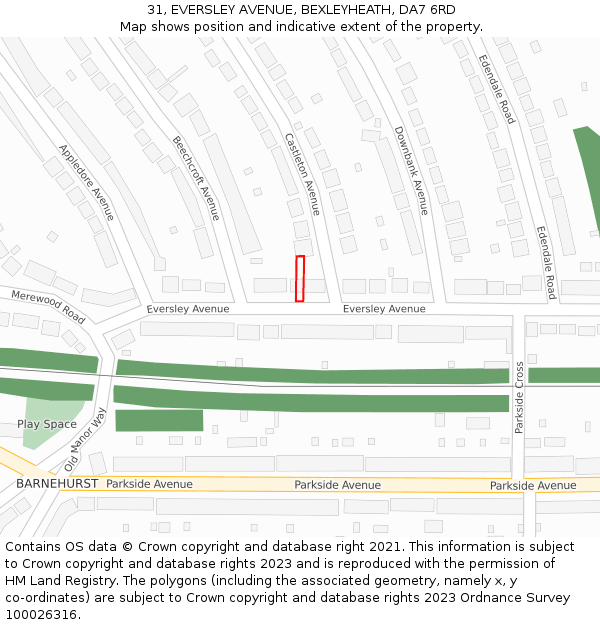 31, EVERSLEY AVENUE, BEXLEYHEATH, DA7 6RD: Location map and indicative extent of plot