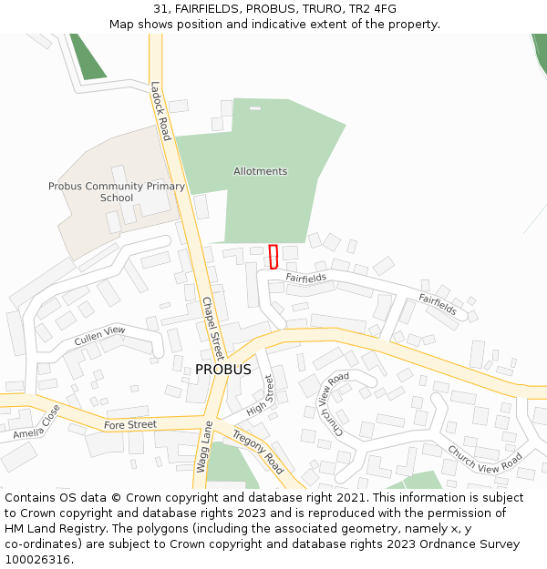 31, FAIRFIELDS, PROBUS, TRURO, TR2 4FG: Location map and indicative extent of plot