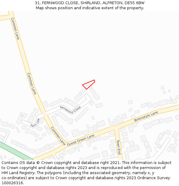 31, FERNWOOD CLOSE, SHIRLAND, ALFRETON, DE55 6BW: Location map and indicative extent of plot