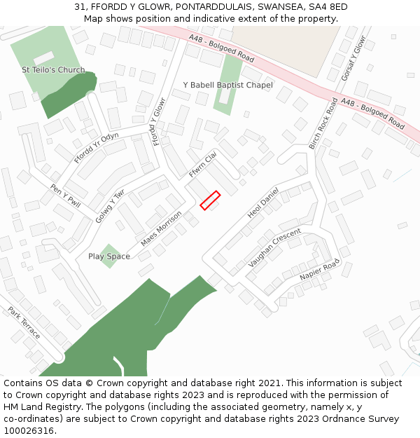 31, FFORDD Y GLOWR, PONTARDDULAIS, SWANSEA, SA4 8ED: Location map and indicative extent of plot