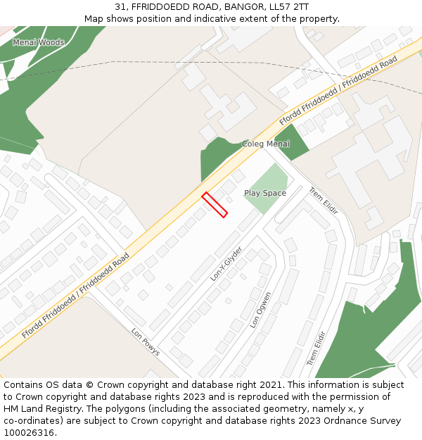 31, FFRIDDOEDD ROAD, BANGOR, LL57 2TT: Location map and indicative extent of plot