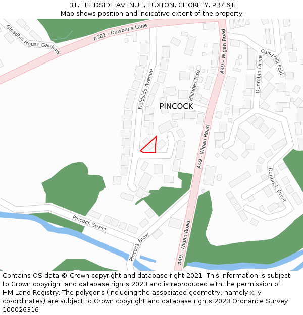 31, FIELDSIDE AVENUE, EUXTON, CHORLEY, PR7 6JF: Location map and indicative extent of plot