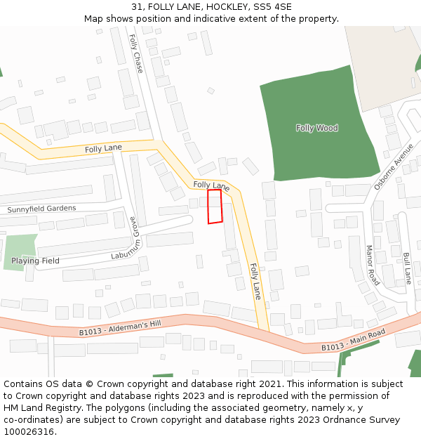 31, FOLLY LANE, HOCKLEY, SS5 4SE: Location map and indicative extent of plot