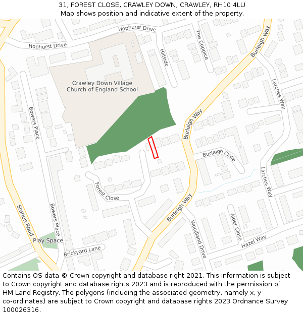 31, FOREST CLOSE, CRAWLEY DOWN, CRAWLEY, RH10 4LU: Location map and indicative extent of plot