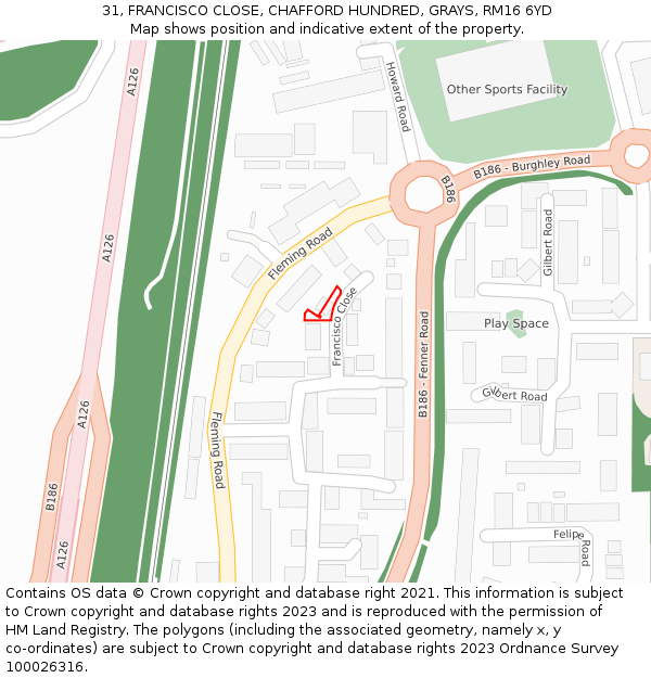 31, FRANCISCO CLOSE, CHAFFORD HUNDRED, GRAYS, RM16 6YD: Location map and indicative extent of plot