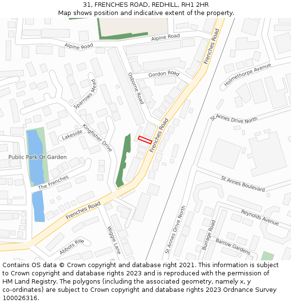 31, FRENCHES ROAD, REDHILL, RH1 2HR: Location map and indicative extent of plot