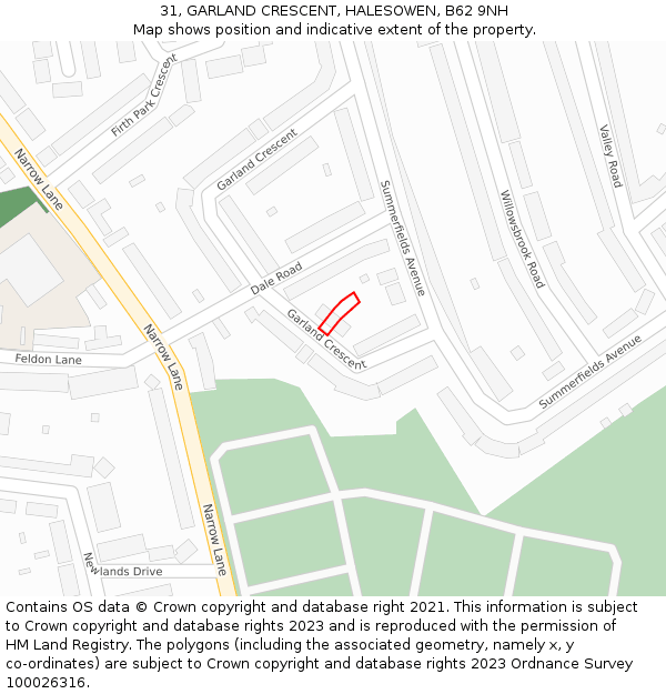 31, GARLAND CRESCENT, HALESOWEN, B62 9NH: Location map and indicative extent of plot