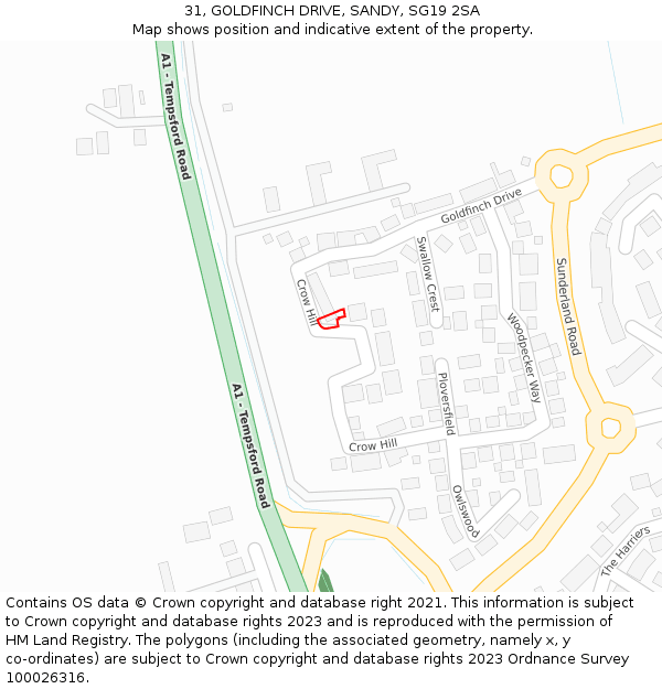 31, GOLDFINCH DRIVE, SANDY, SG19 2SA: Location map and indicative extent of plot