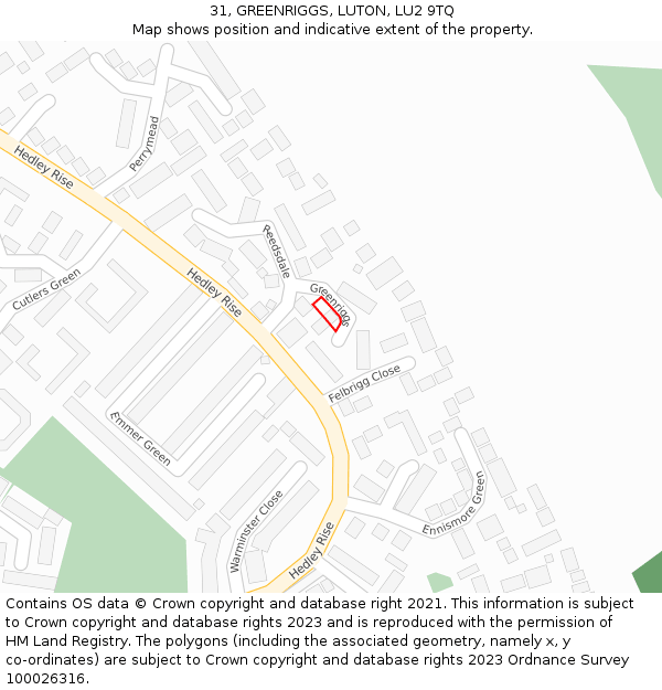 31, GREENRIGGS, LUTON, LU2 9TQ: Location map and indicative extent of plot