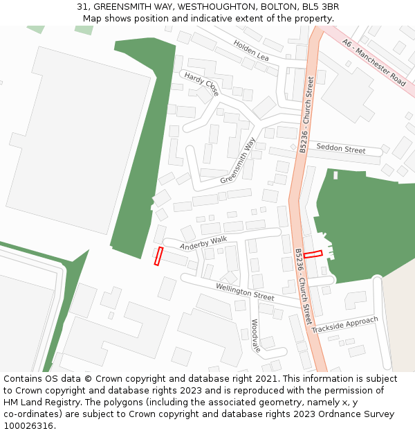 31, GREENSMITH WAY, WESTHOUGHTON, BOLTON, BL5 3BR: Location map and indicative extent of plot