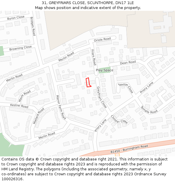 31, GREYFRIARS CLOSE, SCUNTHORPE, DN17 1LE: Location map and indicative extent of plot