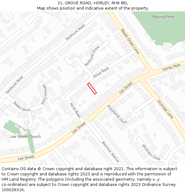 31, GROVE ROAD, HORLEY, RH6 8EL: Location map and indicative extent of plot