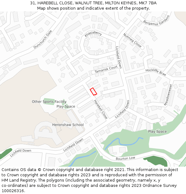 31, HAREBELL CLOSE, WALNUT TREE, MILTON KEYNES, MK7 7BA: Location map and indicative extent of plot