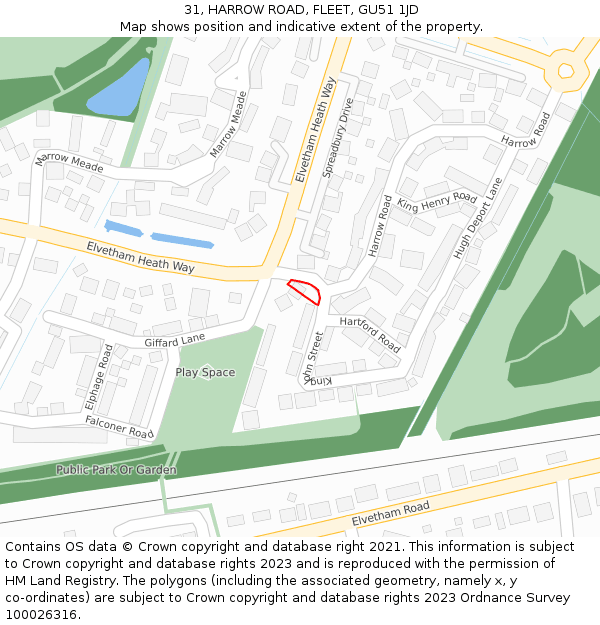 31, HARROW ROAD, FLEET, GU51 1JD: Location map and indicative extent of plot