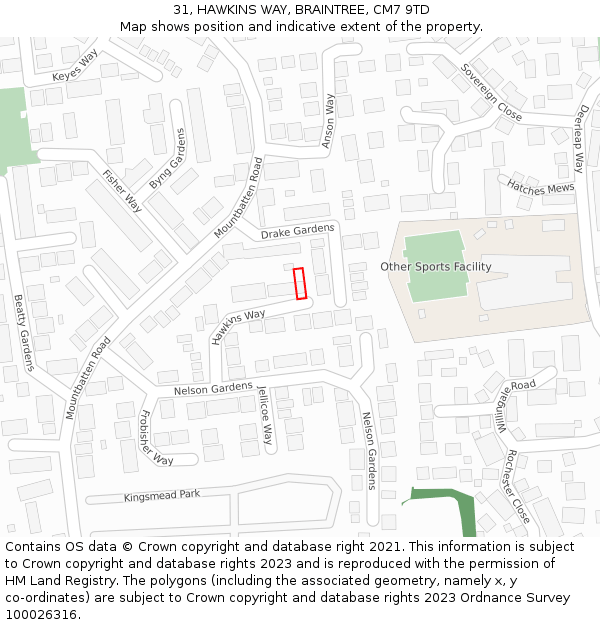 31, HAWKINS WAY, BRAINTREE, CM7 9TD: Location map and indicative extent of plot