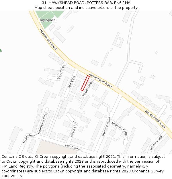 31, HAWKSHEAD ROAD, POTTERS BAR, EN6 1NA: Location map and indicative extent of plot