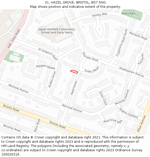 31, HAZEL GROVE, BRISTOL, BS7 0NG: Location map and indicative extent of plot