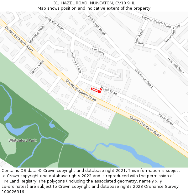 31, HAZEL ROAD, NUNEATON, CV10 9HL: Location map and indicative extent of plot