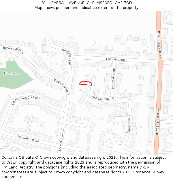 31, HEARSALL AVENUE, CHELMSFORD, CM1 7DD: Location map and indicative extent of plot