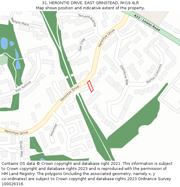 31, HERONTYE DRIVE, EAST GRINSTEAD, RH19 4LR: Location map and indicative extent of plot